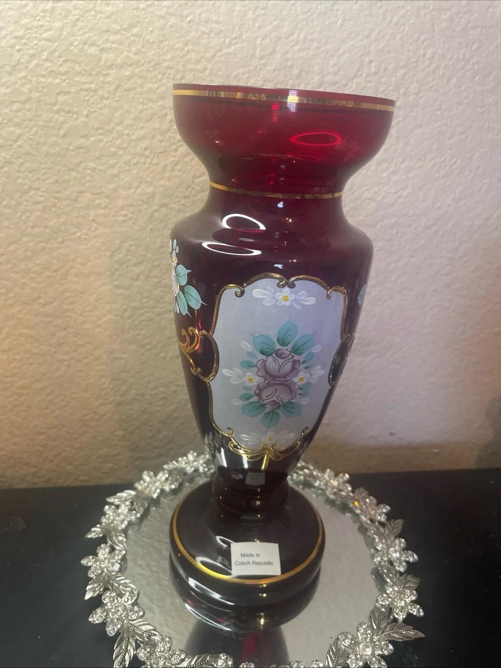 Gorgeous Bohemian Czech Republic Gilted Cranberry Glass 9” Royal Vase
